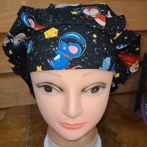 Pets & Aliens in Space (2 prints) surgical scrub bouffant hat