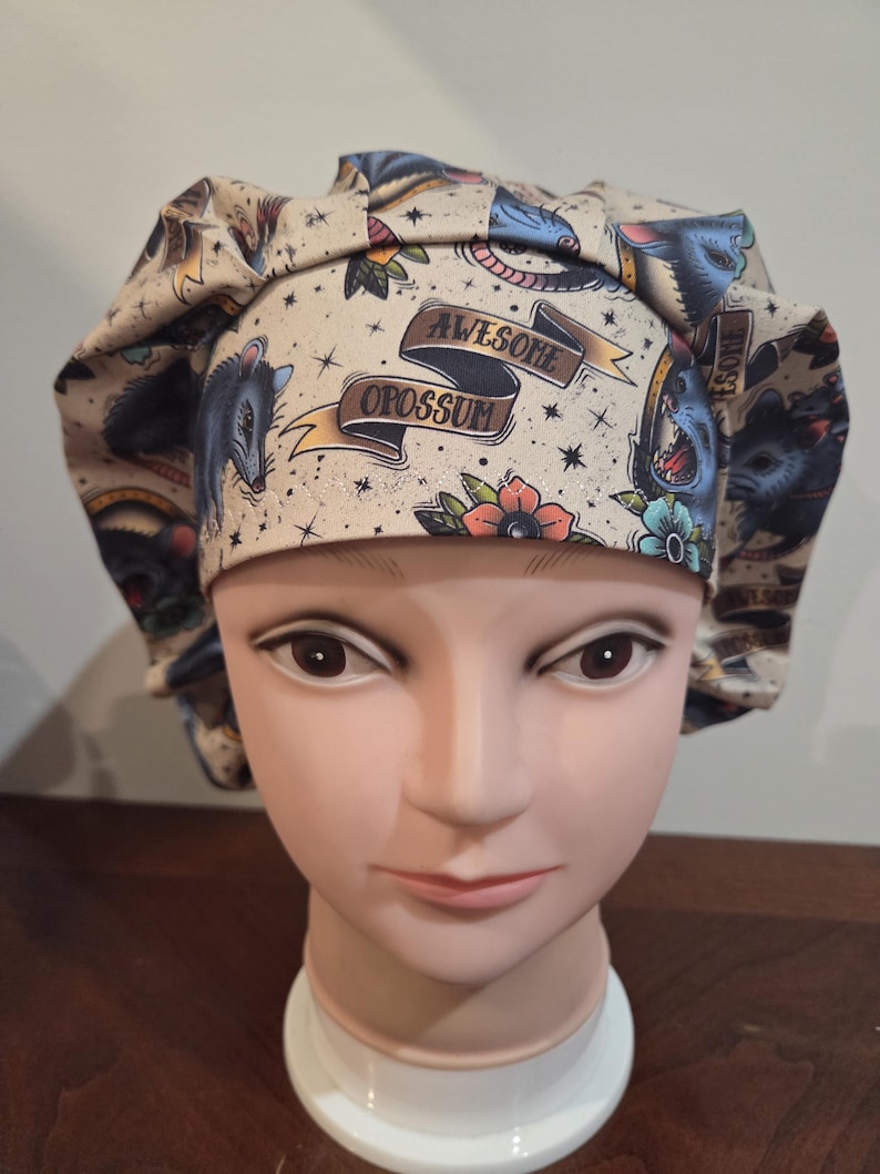 Opossum Surgical (6 prints) Scrub Bouffant Hat, Veterinarian Medical Cap, euro, skull cap image 4