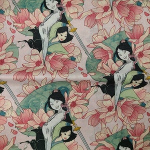 May include: A pink fabric with a repeating pattern of a woman in a white and green dress holding a sword. The woman is surrounded by pink flowers.