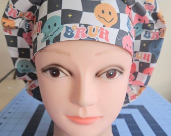 Bruh! Smiley Face surgical scrub bouffant hat, euro, skull cap