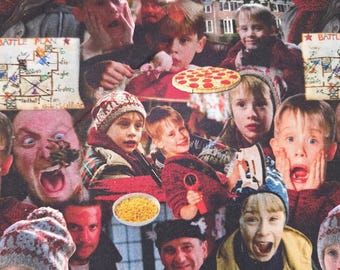 May include: A fabric print featuring a collage of scenes from the movie Home Alone, including images of the main character with various facial expressions, a pepperoni pizza, a bowl of macaroni, and a hand-drawn battle plan with text.