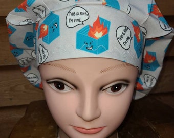 May include: White surgical scrub hat with a repeating pattern of blue boxes with flames and the text "This is fine, I'm fine".