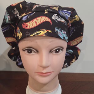 Toy car/trains (6 prints) surgical scrub bouffant hat, euro, skull cap