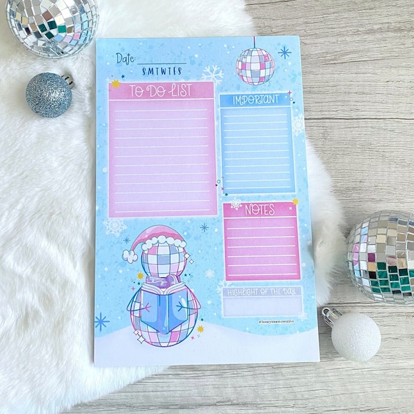 Winter Disco Daily Planner Notepad, 5.5 x 8.5  Notepad, Disco Lover, Cute Notepad, Cute Planner Note, Bookish Stationery, Mirrorball Gifts