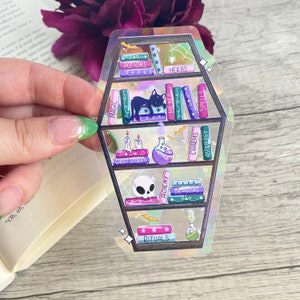 Coffin Bookshelf Rainbow Suncatcher Sticker: Bookish Decal