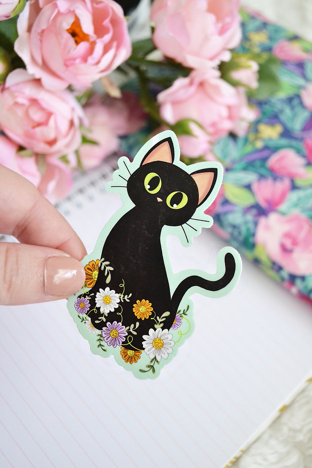 Floral Black Cat Waterproof Vinyl Sticker: Cat Mom Gift - Etsy