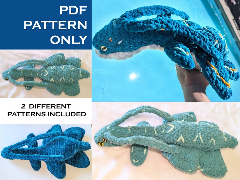 以下が含まれることがあります： 青と白のぬいぐるみ海の生き物を編むためのPDFパターン。2つの異なるパターンが含まれています。
