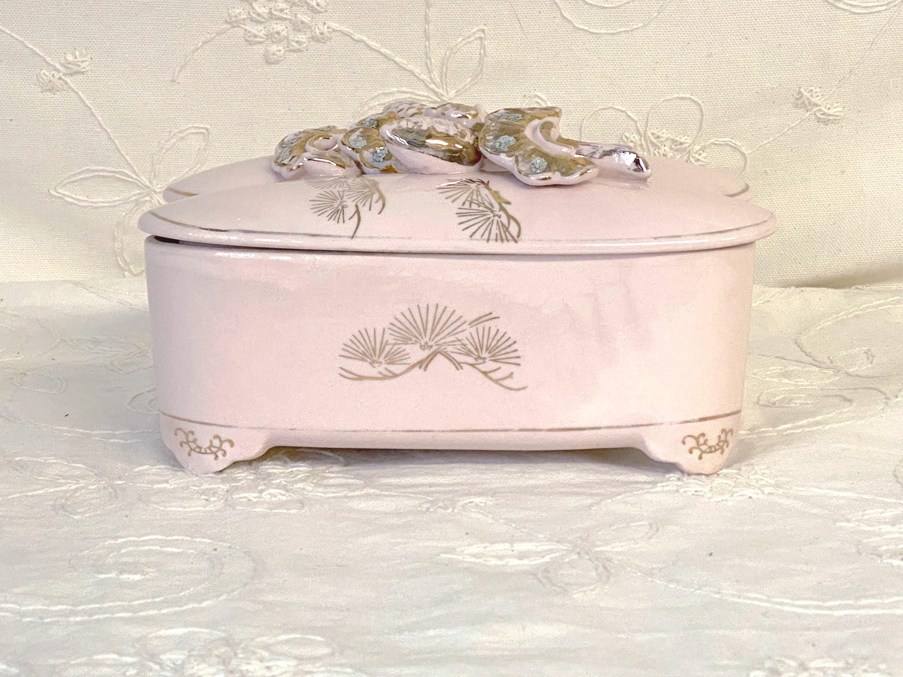 Vintage 1950s Ceramic Vanity Box: Pink & Gold Acorn Trinket Dish