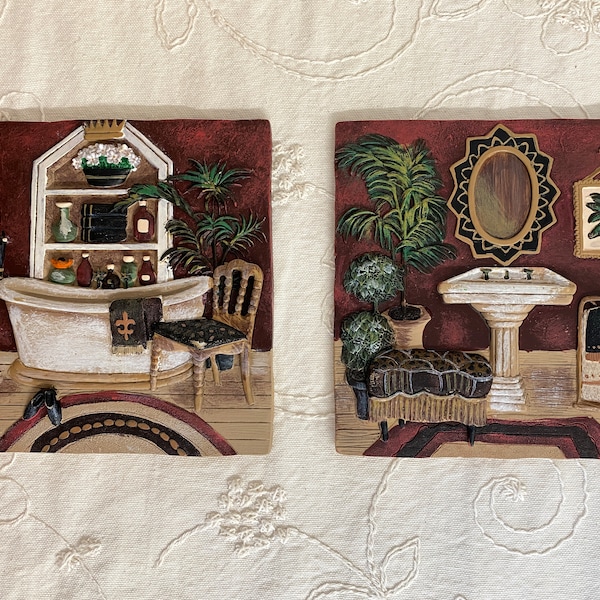 2 Retro Vintage Bathroom Wall Decor 3D Resin Decorative Tiles by C. Winterle Olson Red and Black Wall Plaques