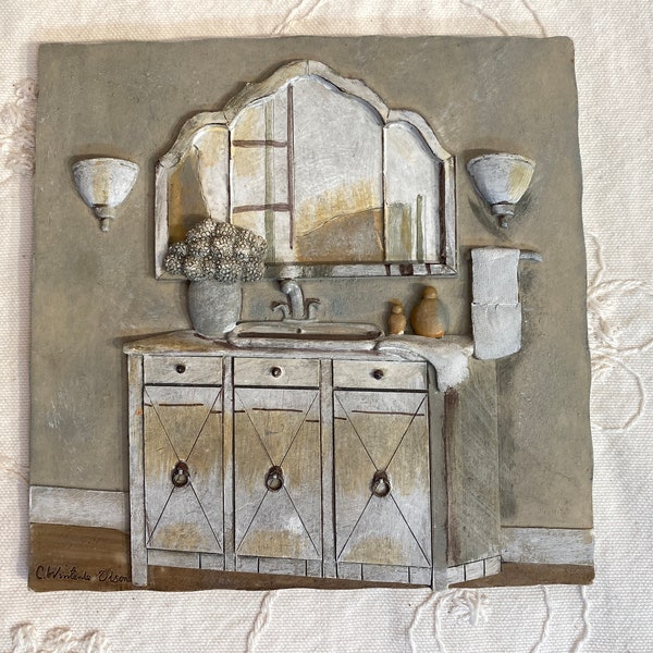 Retro Vintage 3D Resin Decorative Tile by Artist C. Winterle Olson Gray and Tan Sink Mirror Wall Plaque