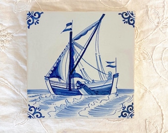 Vintage Delft Blue Sailing Ship Tile: Dutch Pottery Decorative Trivet