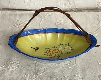 Vintage Made in Japan Moriage Dragonfly Porcelain Dish with Rattan Handle Flowers