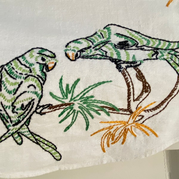 Vintage Tropical Birds Parrots Handmade Embroidered Table Runner Dresser Scarf Green Orange Brown