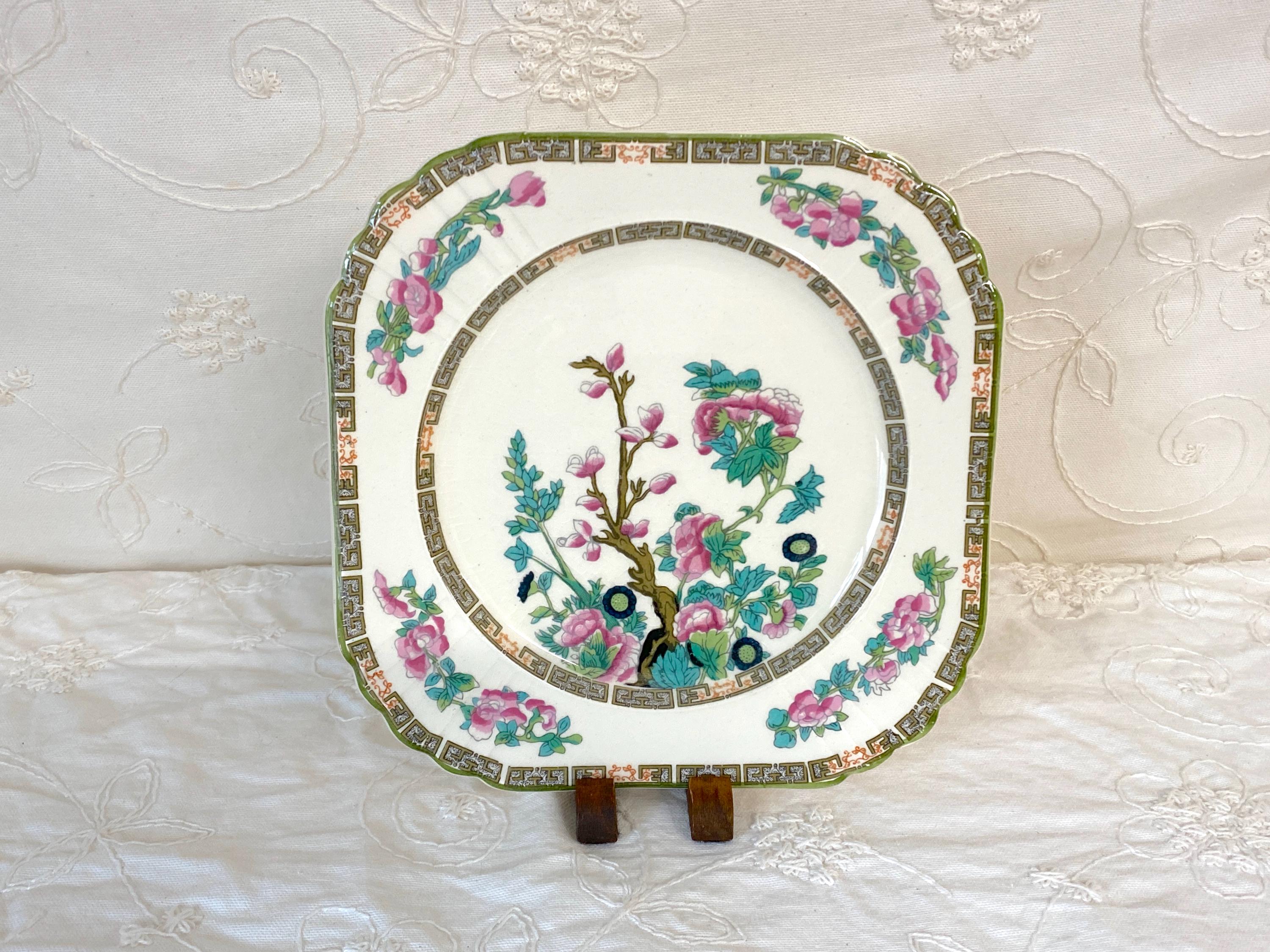 Vintage Myott Staffordshire Square Indian Tree with Green Border Wall Cabinet Plate Myott Son & Co Earthenware Salad Plate 1945-1952