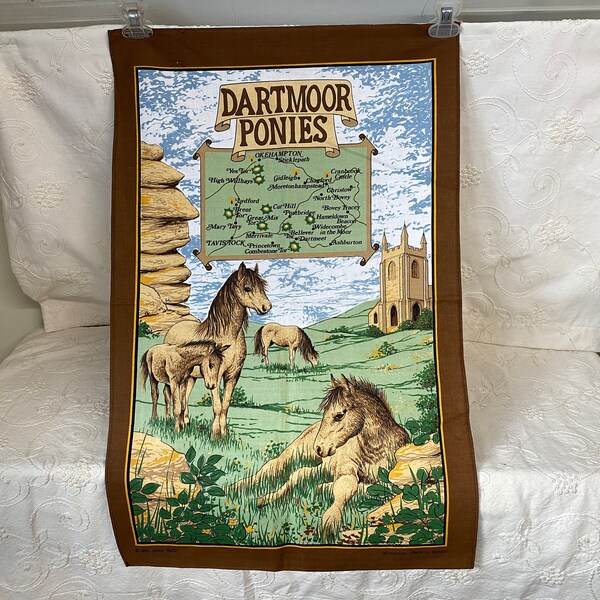 Vintage Printed Cotton Hand Towel Dartmoor Ponies Made in Britain 1981 Horse Collectible English Devon England Clive Mayor Artist