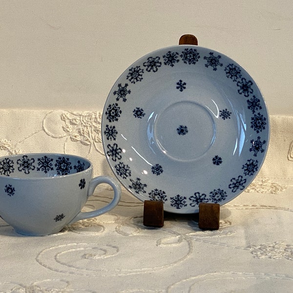 Vintage Demitasse Espresso Cup and Saucer Blue Snowflake on Gray by Arabia Finland 1949-1964