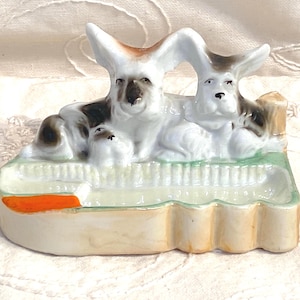 Vintage Japanese Lusterware Ceramic Dogs Ashtray Three Dog Family Large Ears Dogs
