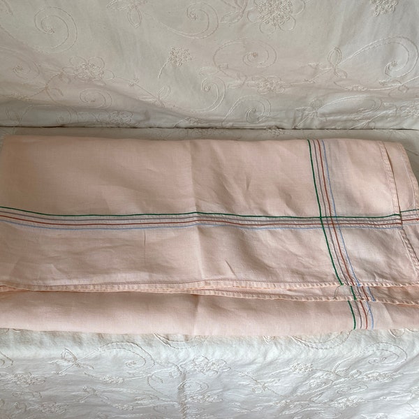 Vintage Peach Linen Tablecloth with Embroidered Stripes Border and Hemstitched Table Decor