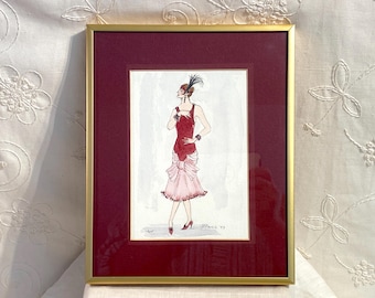 Vintage Signed 1920s Fashion Art Watercolor and Ink Flapper