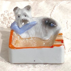 Vintage Japanese Lusterware Ceramic Dog Ashtray White and Black Dog with Pipe Novelty Ashtray
