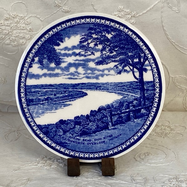 Vintage Blue and White Transferware Ohio River Round Trivet Jonroth Old English Staffordshire Ware Oxbow Bend Leavenworth Indiana