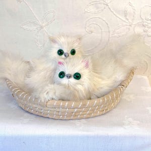 Vintage Rabbit Fur Persian Cats in Basket Figurine LAST CHANCE