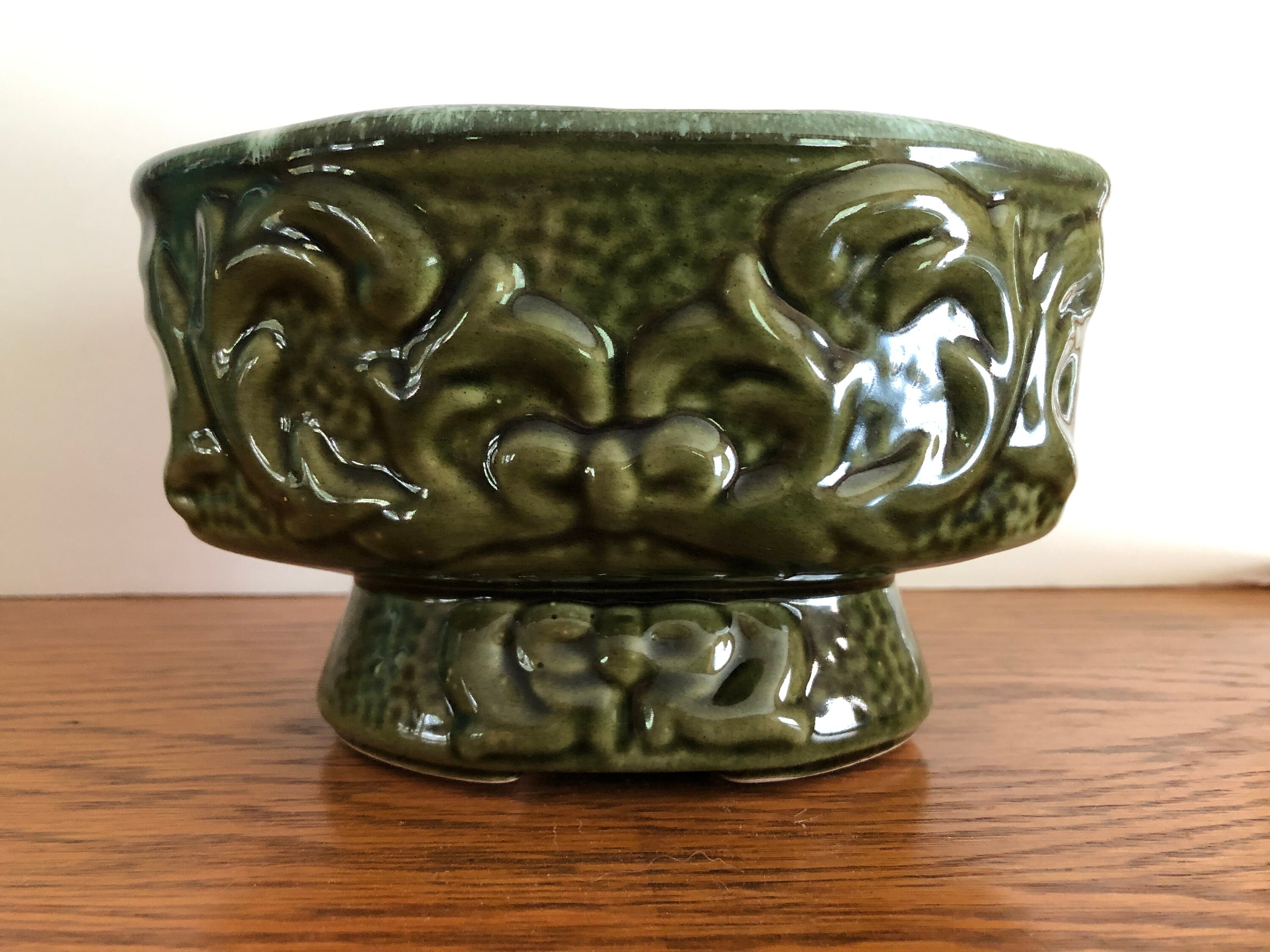 American Bisque Art Pottery Green Oval Planter Ribbon Design Etsy