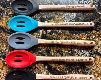 Laser Engraved Spoon, Funny Spoon, Engraved Spoon, Silicone Spoon, Hostess Gift, Housewarming Gift, Slotted Spoon, Slotted Wooden Spoon