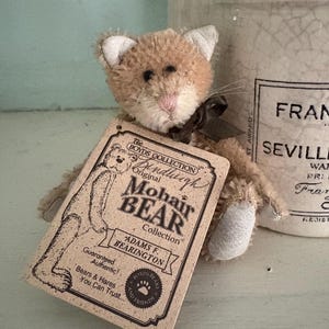 Pu&ograve; includere: Un piccolo peluche a forma di gatto della collezione Mohair Bear, color marrone chiaro, con un'etichetta. Il gatto ha orecchie bianche, un naso rosa e un fiocco marrone scuro. L'etichetta recita "Mohair Bear Collection".