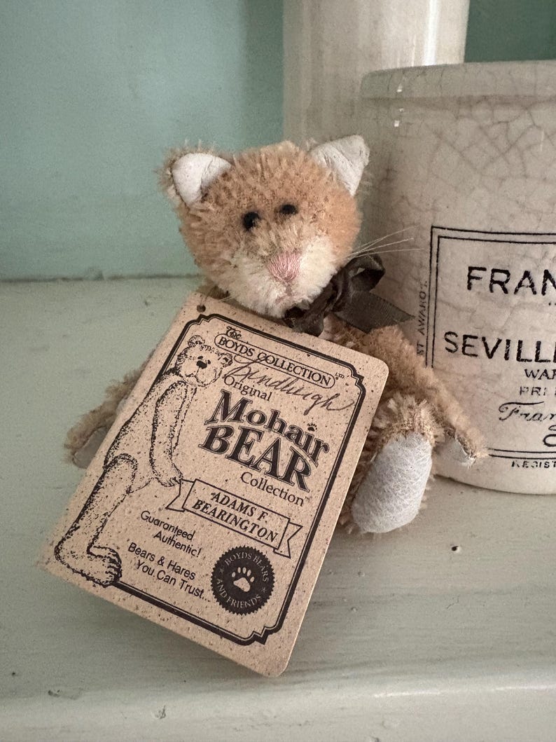 Pu&ograve; includere: Un piccolo peluche a forma di gatto della collezione Mohair Bear, color marrone chiaro, con un'etichetta. Il gatto ha orecchie bianche, un naso rosa e un fiocco marrone scuro. L'etichetta recita "Mohair Bear Collection".