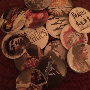Rock N Roll Buttons, Buttons, Rock Pins, Rock Pin Backs, Pin Backs, Rock Buttons, Music Buttons, Van Halen, Hendrix, Stevie Ray, Beatles