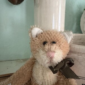 Pu&ograve; includere: Un giocattolo per gatti fatto a mano, in peluche, con pelo marrone chiaro e crema. Il gatto ha un naso rosa, occhi neri e un nastro marrone scuro legato a fiocco. Lo sfondo &egrave; morbido e sfocato.