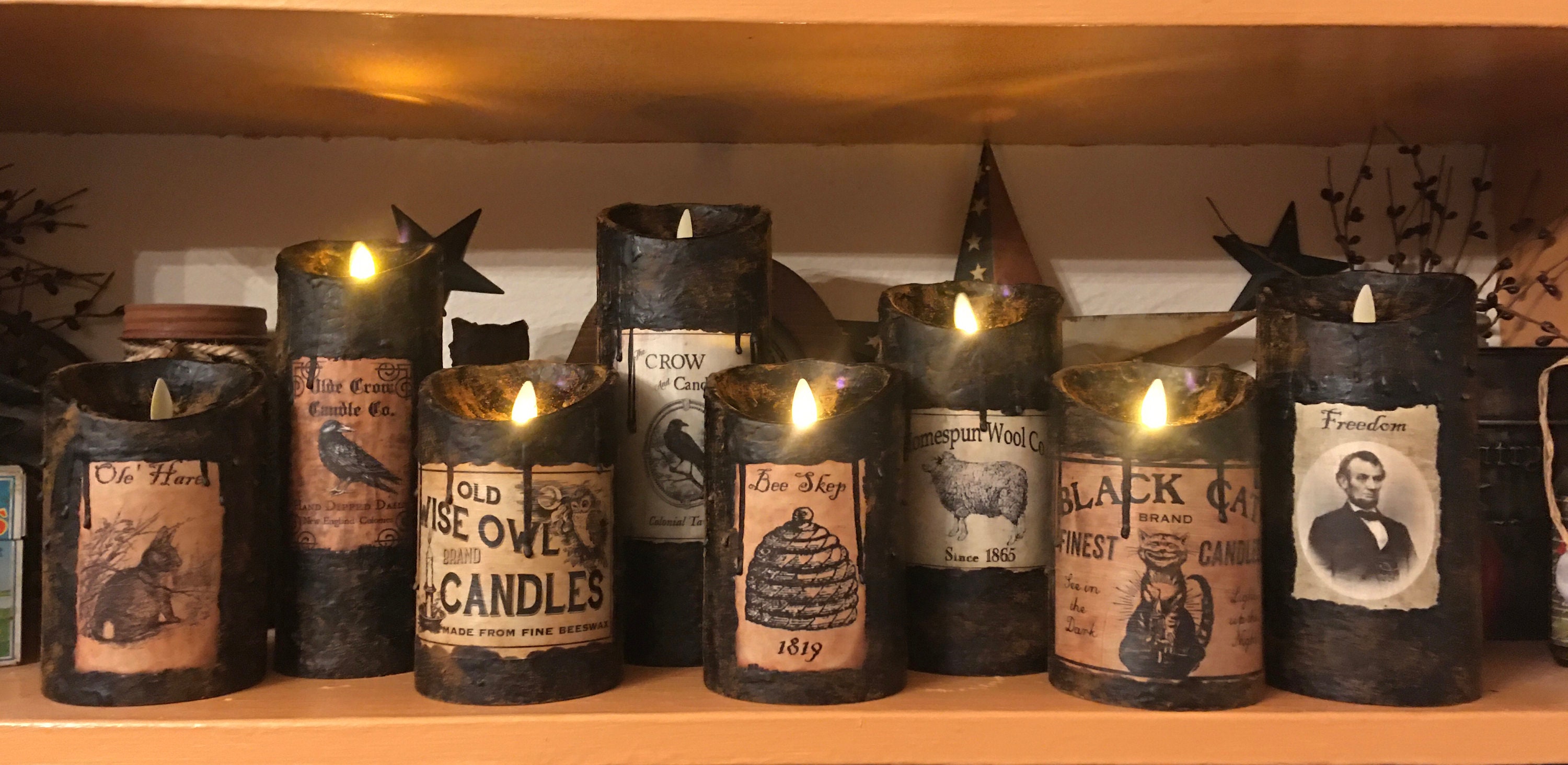 Primitive Moving Flame Candle, Blackened Beeswax Candle, Primitive Ca…
