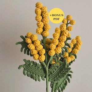 Può includere: Composizione floreale di mimosa all'uncinetto con fiori gialli a pompon e foglie verdi. I gambi sono verdi e il testo "+BONUS PDF" è in un cerchio giallo. Questo decoro floreale fatto a mano aggiunge un tocco di primavera.