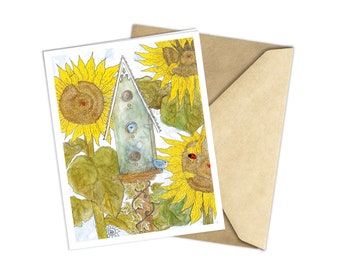 Birdhouse and Sunflowers "