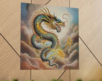 May include: A green and gold dragon with a fierce expression is depicted in a painting. The dragon is flying through the clouds, with its wings spread wide. The background is a soft, pastel blue.