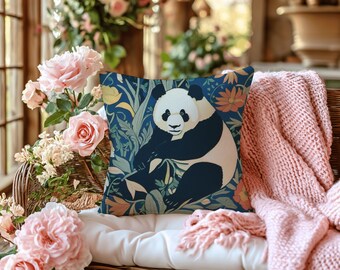 William Morris Inspired Panda Pillow, Home Decor, Durable and Stylish Pillows, Square Pillow Cover, Softened Pillow Case, Zipper Pillow Case