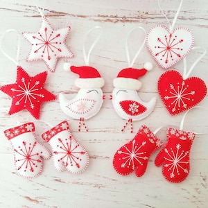 Boule de Noël scandinave en feutre rouge et blanc pour sapin de Noël, flocon de neige brodé, lot de 10 décorations de Noël