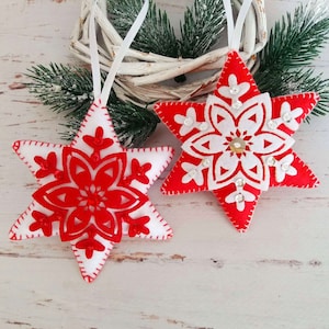 Snowflake Christmas ornaments Felt Christmas star ornament Scandi Red and White decor Scandinavian Christmas decor Felt snowflakes