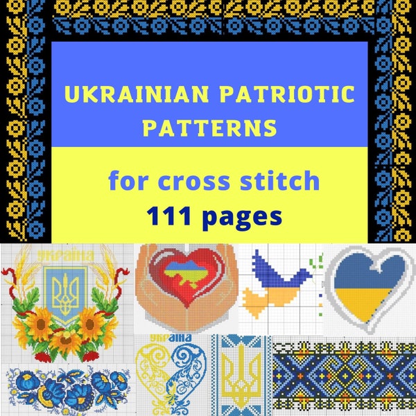 Boutique ukrainienne Ukraine Modèle de broderie patriotique pour point de croix 111 pages téléchargement instantané PDF Bleu Jaune broderie drapeau ukrainien