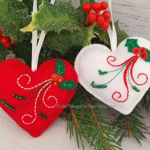 Red and white heart ornaments Felt hearts decorations Felt Christmas ornaments Wedding Anniversary gift Christmas holly embroidered
