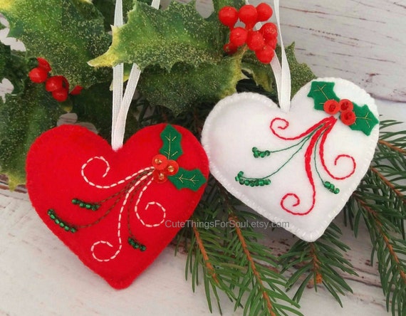 Red and White Heart Ornaments Felt Hearts Decorations Valentines Heart  Decorations Christmas Holly Embroidered 