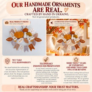 May include: A felt autumn ornament featuring a pumpkin, mushrooms, and leaves in shades of orange, brown, and cream. Below the foliage, four felt pennants spell out the word COZY in white and brown letters with a hanging string.