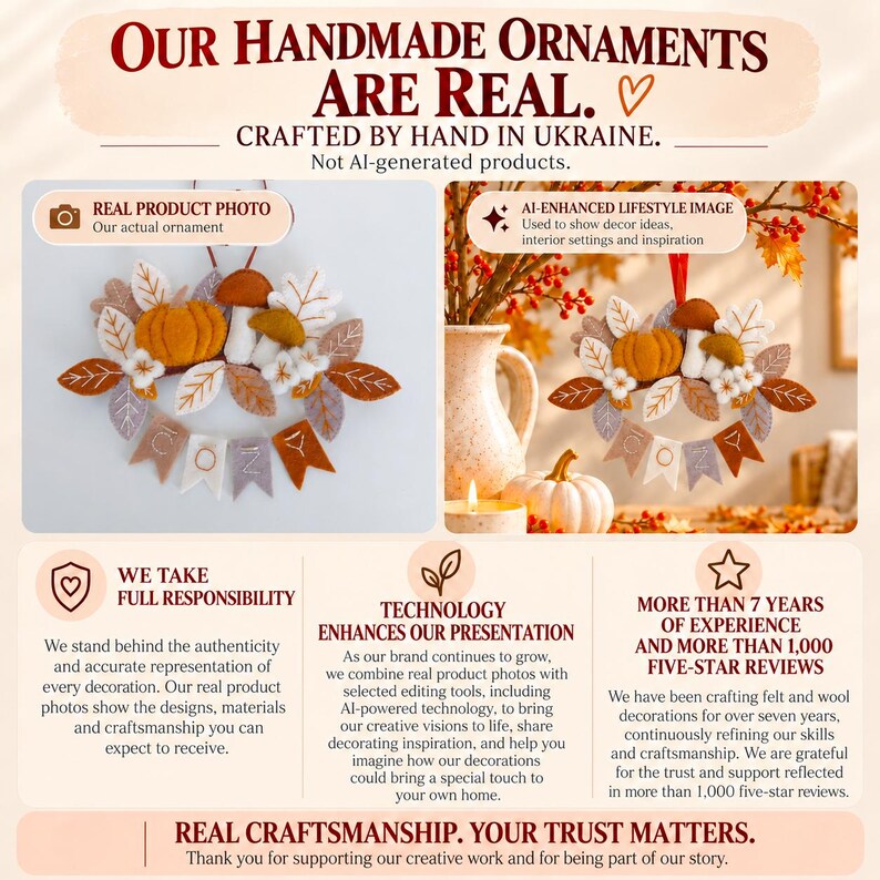 May include: A felt autumn ornament featuring a pumpkin, mushrooms, and leaves in shades of orange, brown, and cream. Below the foliage, four felt pennants spell out the word COZY in white and brown letters with a hanging string.