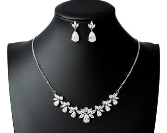 Bridal Jewellery Set 2024 Wedding Jewellery Sets Silver Dainty Jewellery Set Bridal Necklace and Earrings Set Floral Jewellery Set for Bride