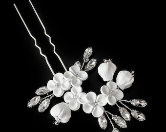Floral Wedding Hair Pin: Handmade Flower, Crystal Bridal Hair Piece