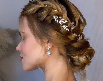 Bridal Hair Vine: Gold Silver Leaves, Pearl Wedding Headpiece