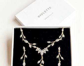 Silver Bridal Jewelry Set: Floral Crystal Necklace and Earrings