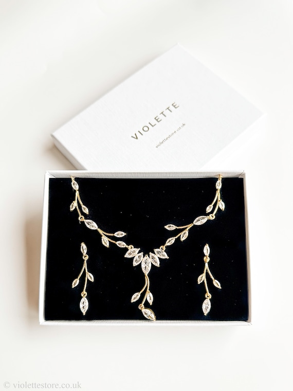 Silver Bridal Jewelry Set: Floral Crystal Necklace and Earrings