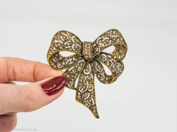 Gold Bow Brooch, Women Crystal Brooch, Gift Idea Accessory